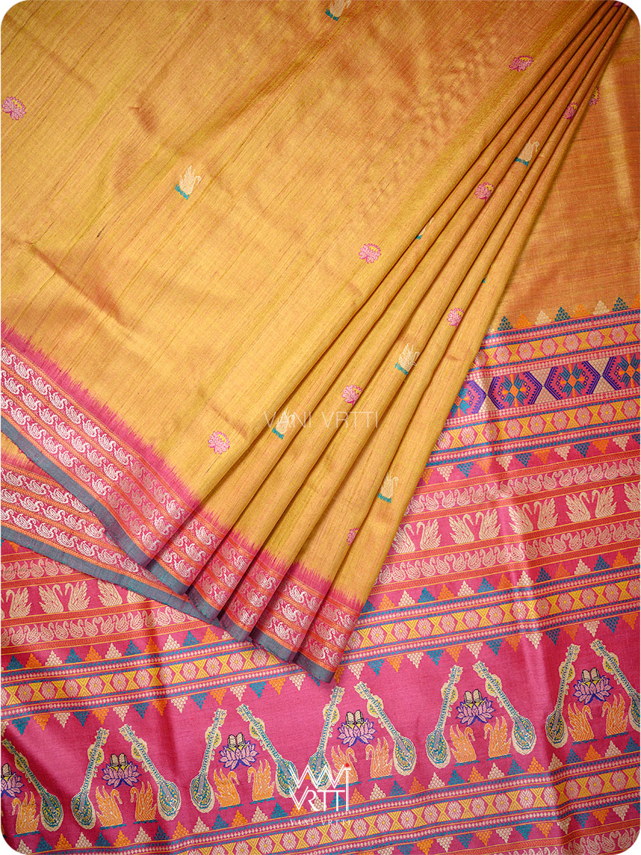 Mango Yellow Magenta Veena Pani Lata Master Weave Exclusive Handspun Tussar Silk Saree