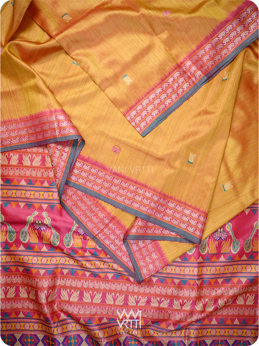 Mango Yellow Magenta Veena Pani Lata Master Weave Exclusive Handspun Tussar Silk Saree