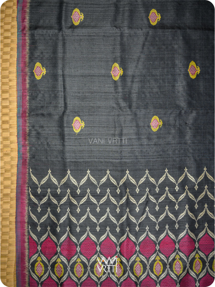 Black Lime Green Pomegranate Jaal Handspun Tussar Silk Saree