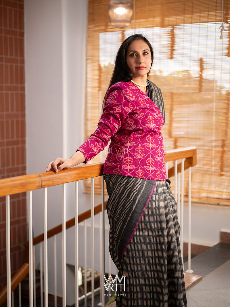 Pink Laal Jaba Reversible Parallel Ikat Overlap Waist Length Jacket