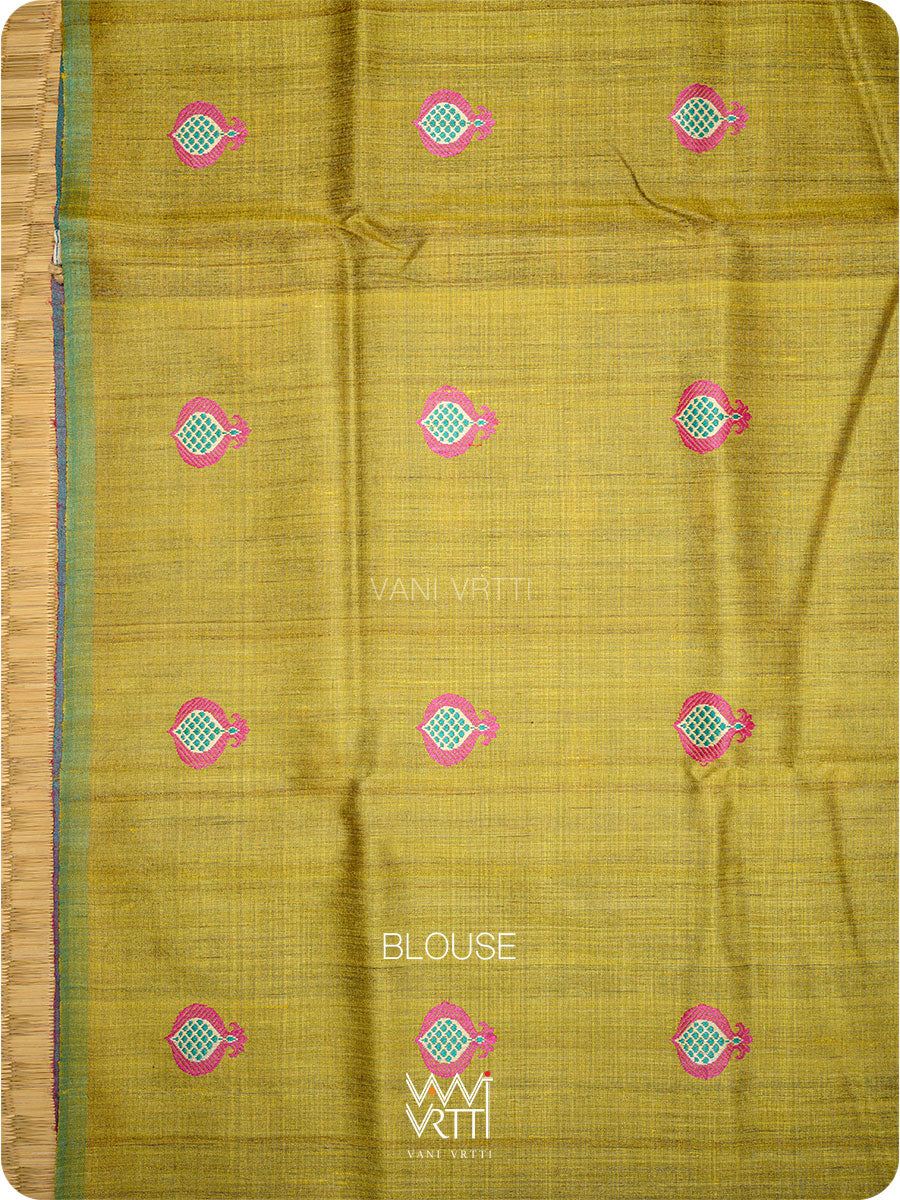 Black Lime Green Pomegranate Jaal Handspun Tussar Silk Saree