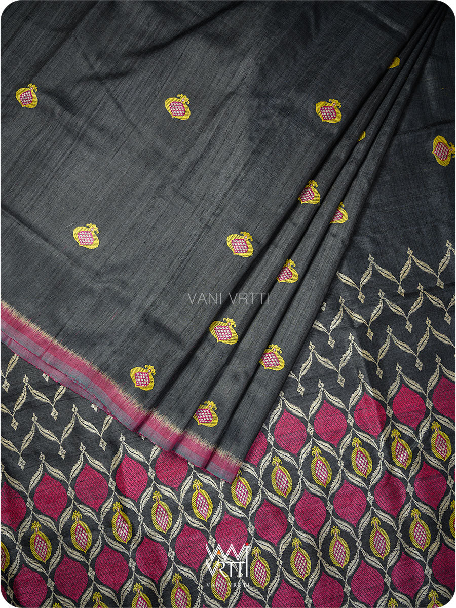 Black Lime Green Pomegranate Jaal Handspun Tussar Silk Saree