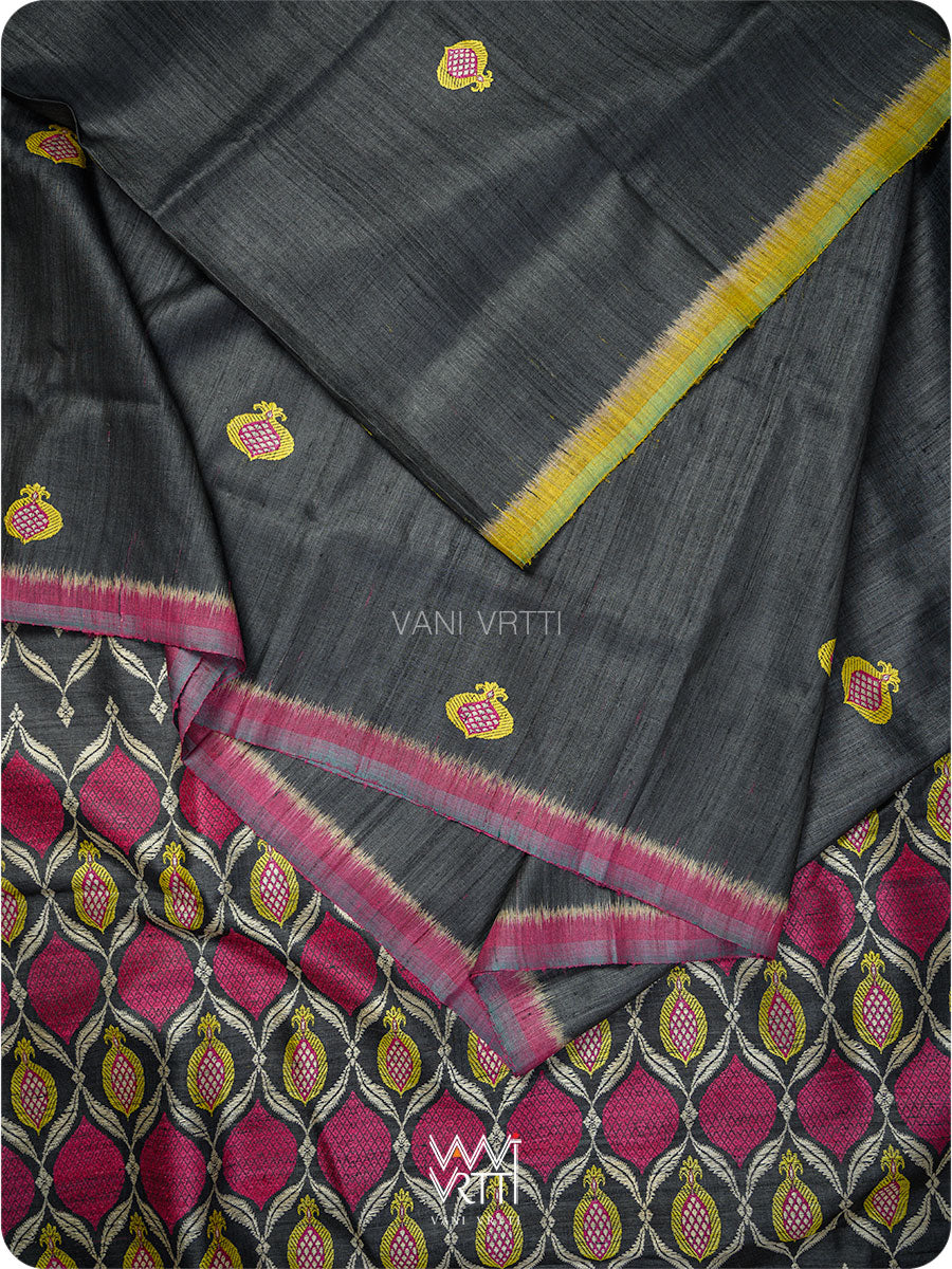 Black Lime Green Pomegranate Jaal Handspun Tussar Silk Saree