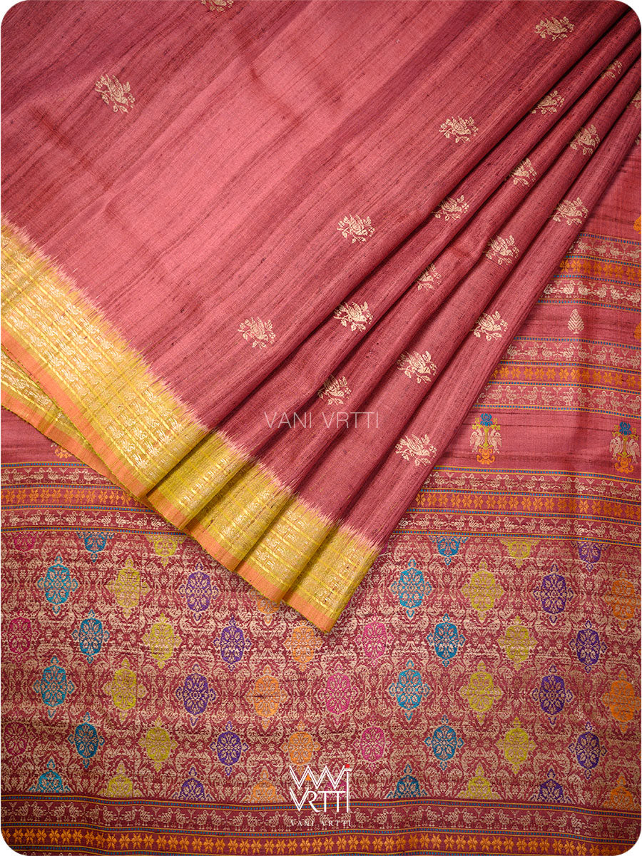 Light Brown Mustard Nightingale Master Weave Exclusive Handspun Tussar Silk Saree