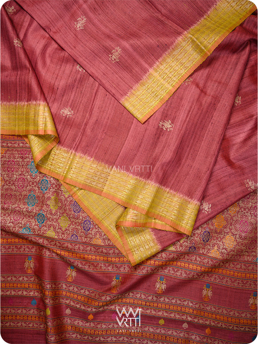 Light Brown Mustard Nightingale Master Weave Exclusive Handspun Tussar Silk Saree