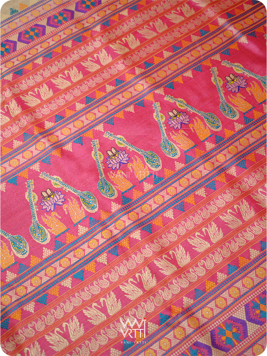 Off white Pink Yellow Veena Pani Lata Master Weave Exclusive Handspun Tussar Silk Saree