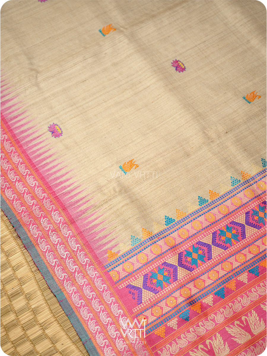 Off white Pink Yellow Veena Pani Lata Master Weave Exclusive Handspun Tussar Silk Saree