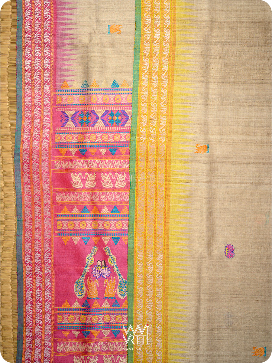 Off white Pink Yellow Veena Pani Lata Master Weave Exclusive Handspun Tussar Silk Saree