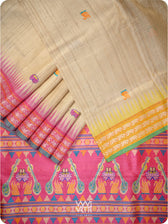Off white Pink Yellow Veena Pani Lata Master Weave Exclusive Handspun Tussar Silk Saree