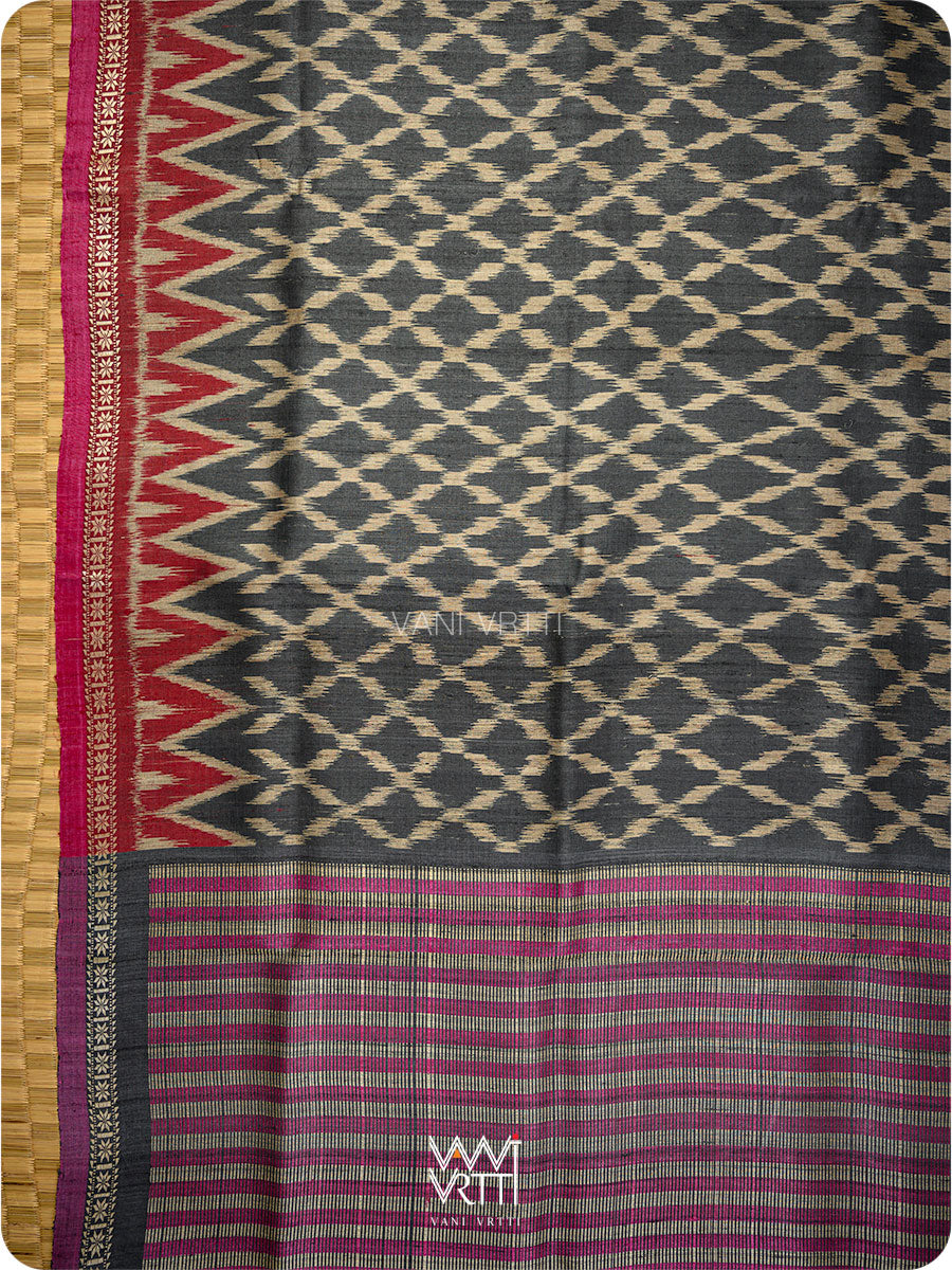 Black Red Lily Ikat Handspun Tussar Silk Sari
