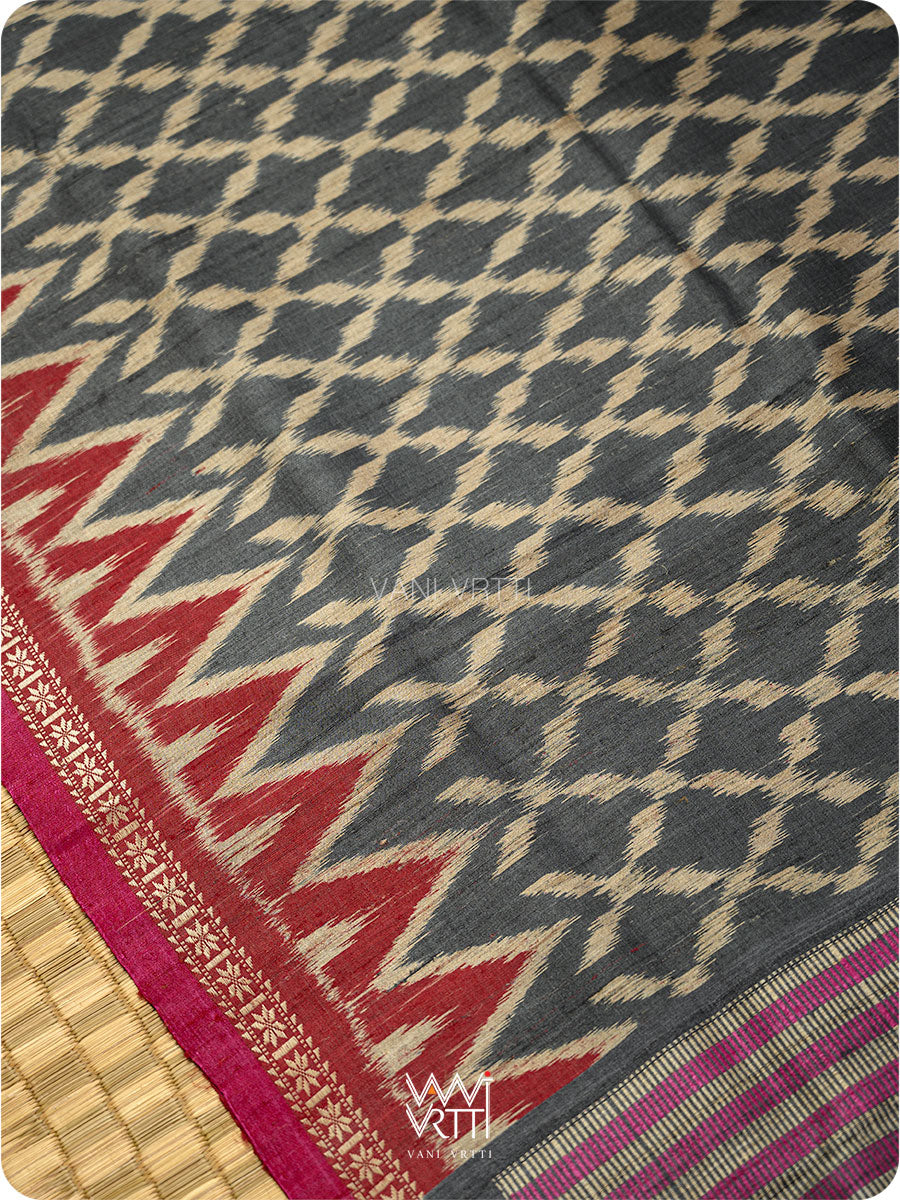 Black Red Lily Ikat Handspun Tussar Silk Sari