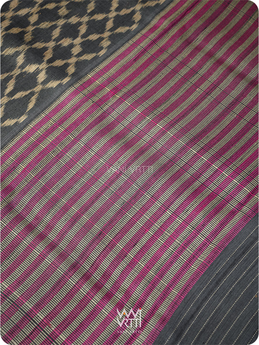 Black Red Lily Ikat Handspun Tussar Silk Sari