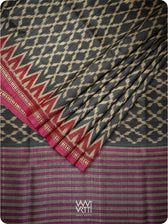 Black Red Lily Ikat Handspun Tussar Silk Sari