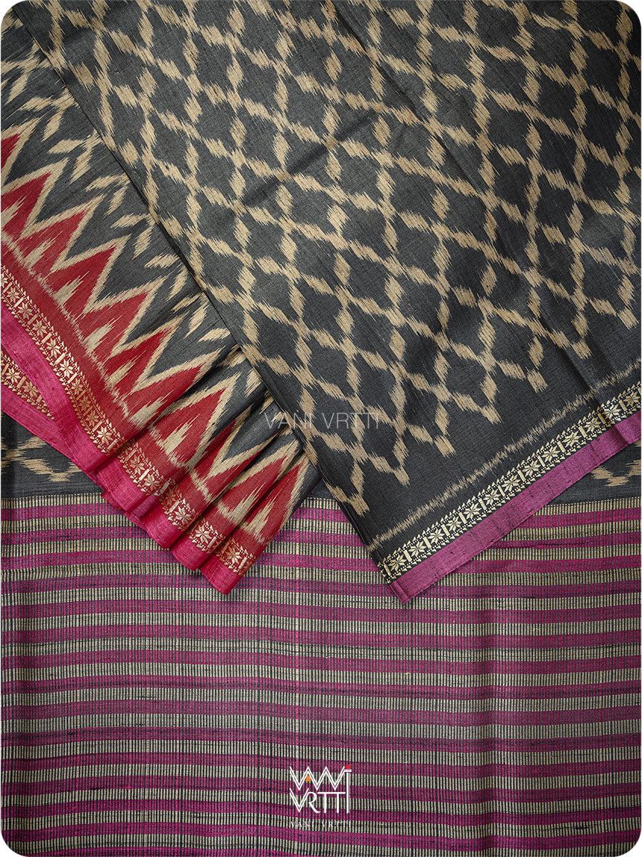 Black Red Lily Ikat Handspun Tussar Silk Sari