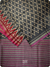 Black Red Lily Ikat Handspun Tussar Silk Sari
