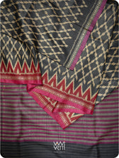 Black Red Lily Ikat Handspun Tussar Silk Sari