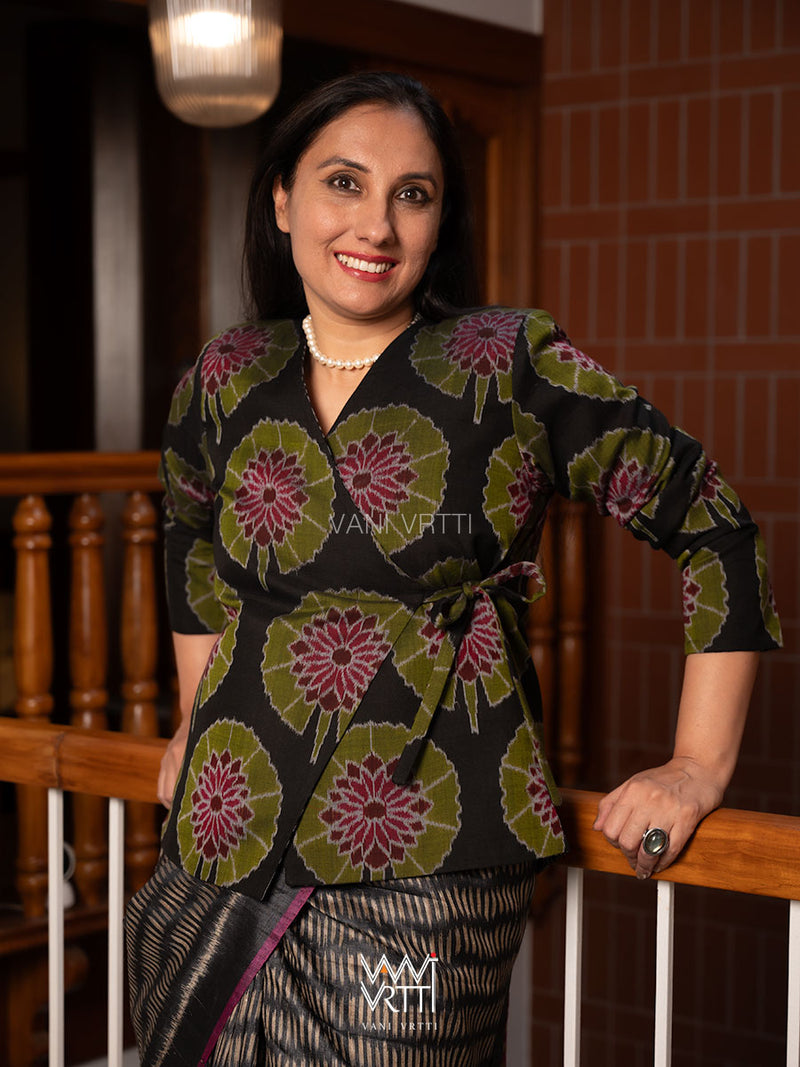 Black Lily Pond Reversible Zig Zag Ikat Overlap Waist Length Jacket