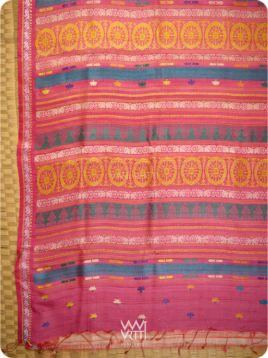 Double pallu of pink tussar Konark saree with handwoven lotus flowers