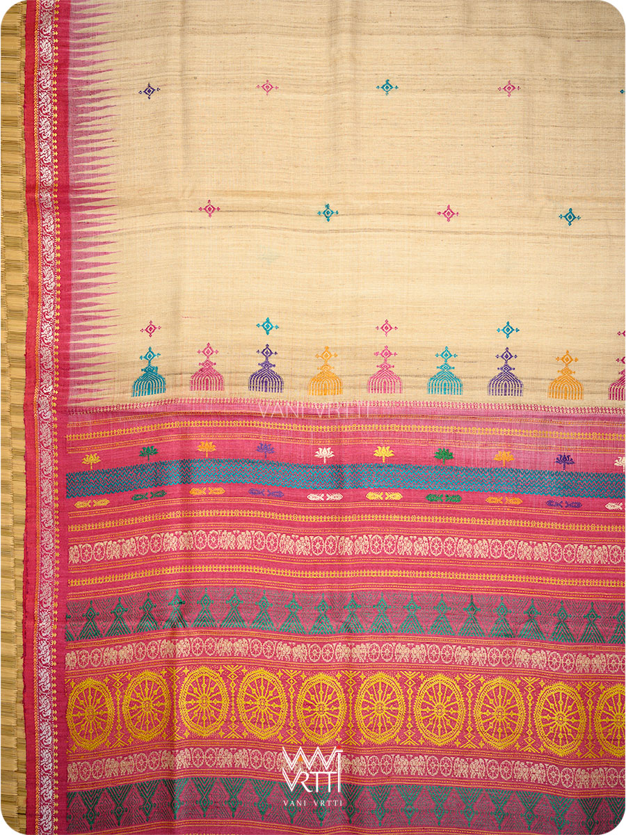 Body of pink tussar silk saree with Konark temple motifs and elephant buttis