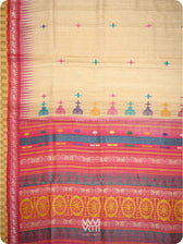 Body of pink tussar silk saree with Konark temple motifs and elephant buttis