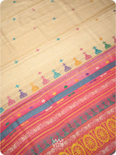 Close-up of handspun tussar silk texture in pink with Konark design details
