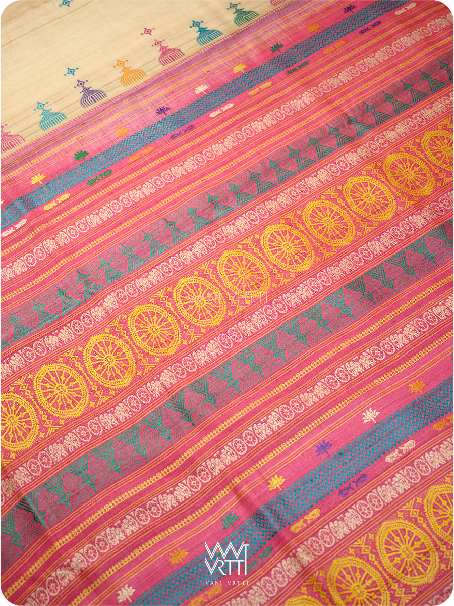Pallu close-up of pink tussar saree with handwoven lotus flowers in multiple colors