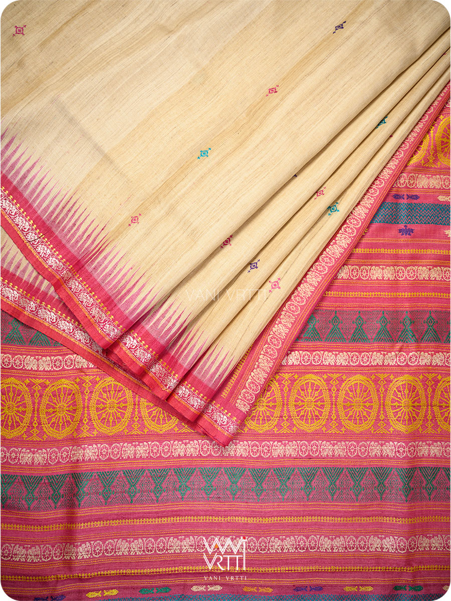 Folded pink tussar silk saree with Konark architecture and Airavata motifs