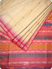 Folded pink tussar silk saree with Konark architecture and Airavata motifs