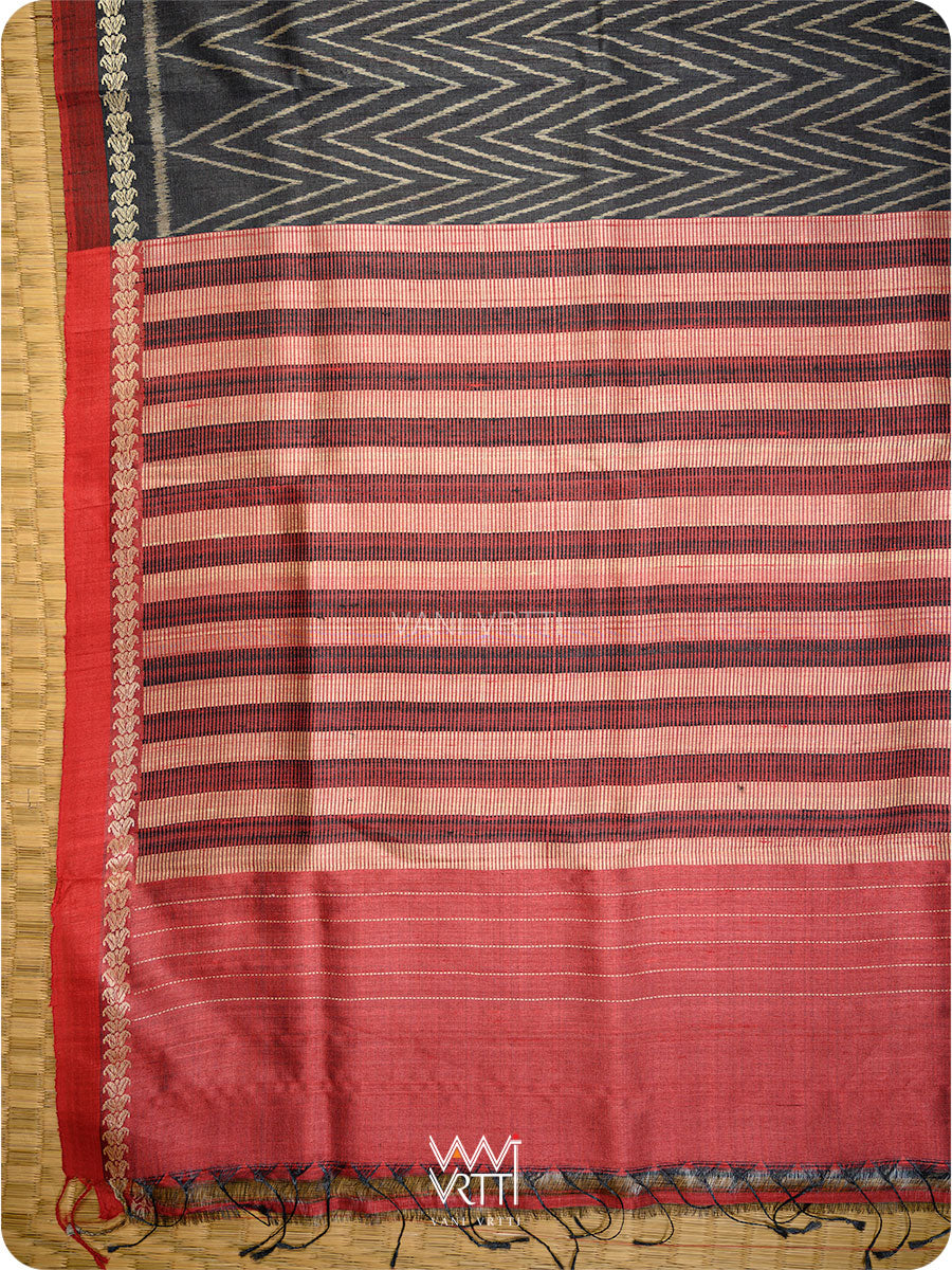 Black Aziz Ikat Handspun Tussar Silk Saree
