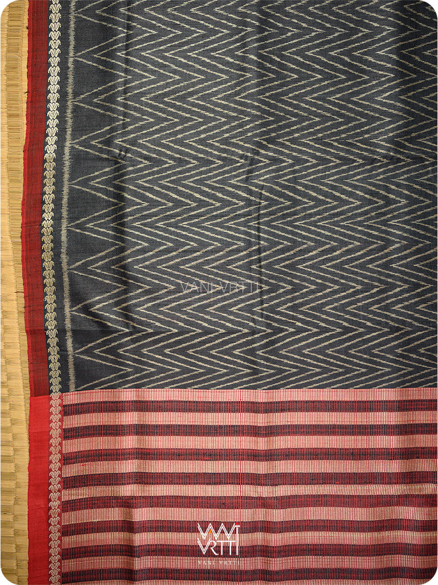 Black Aziz Ikat Handspun Tussar Silk Saree
