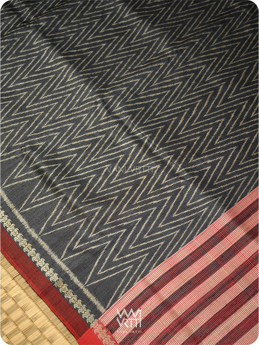 Black Aziz Ikat Handspun Tussar Silk Saree