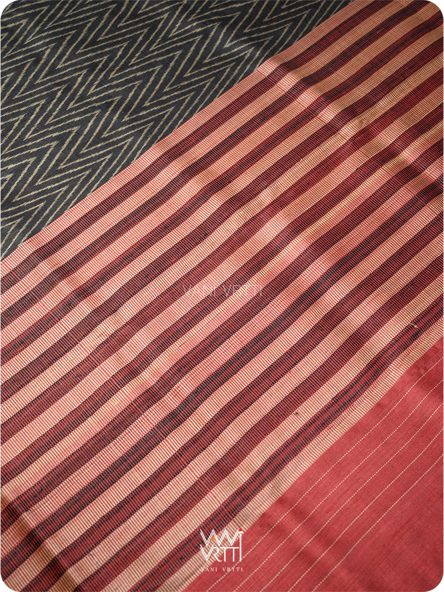 Black Aziz Ikat Handspun Tussar Silk Saree