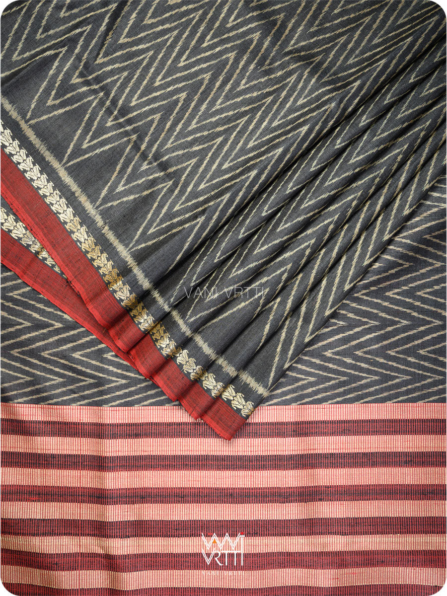 Black Aziz Ikat Handspun Tussar Silk Saree