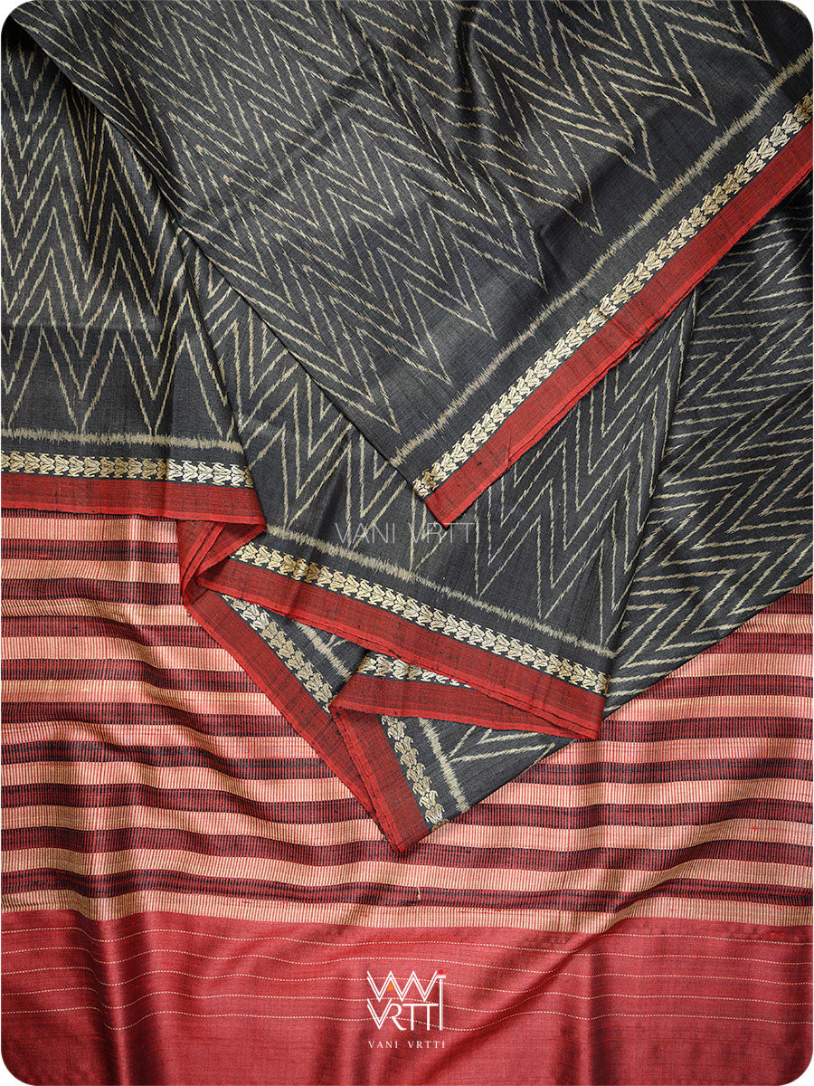 Black Aziz Ikat Handspun Tussar Silk Saree
