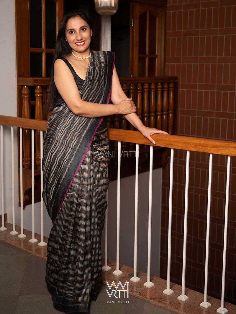 Black Small Manira Ikat Handspun Tussar Silk Saree