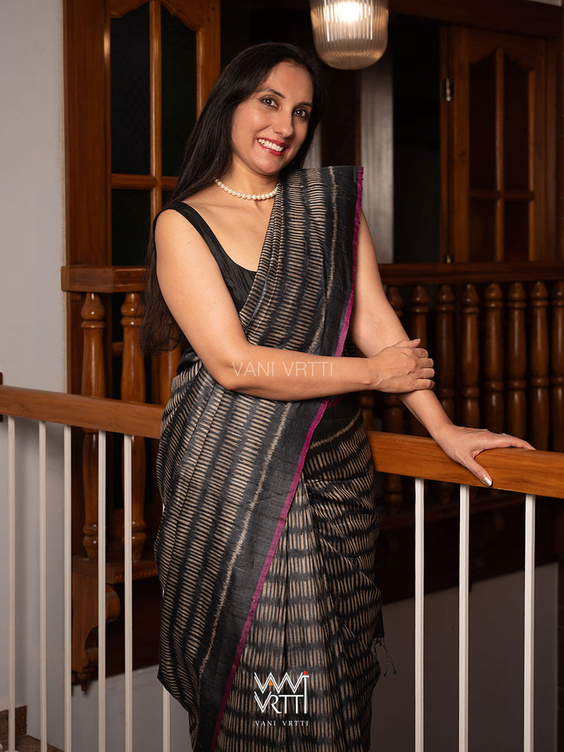 Black Small Manira Ikat Handspun Tussar Silk Saree