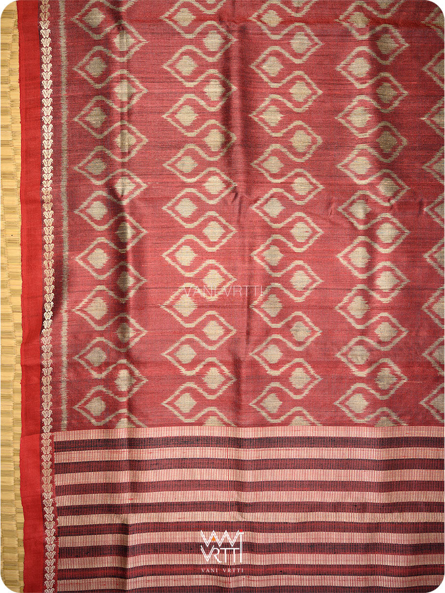 Deep Maroon Santati Ikat Handspun Tussar Silk Saree