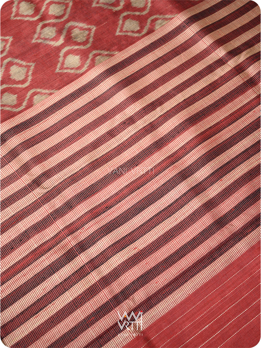 Deep Maroon Santati Ikat Handspun Tussar Silk Saree
