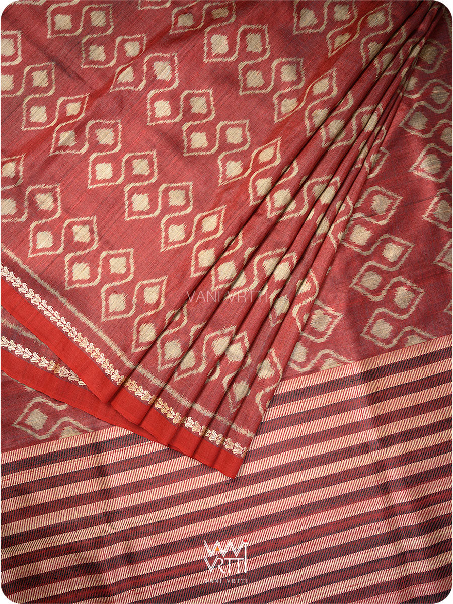 Deep Maroon Santati Ikat Handspun Tussar Silk Saree