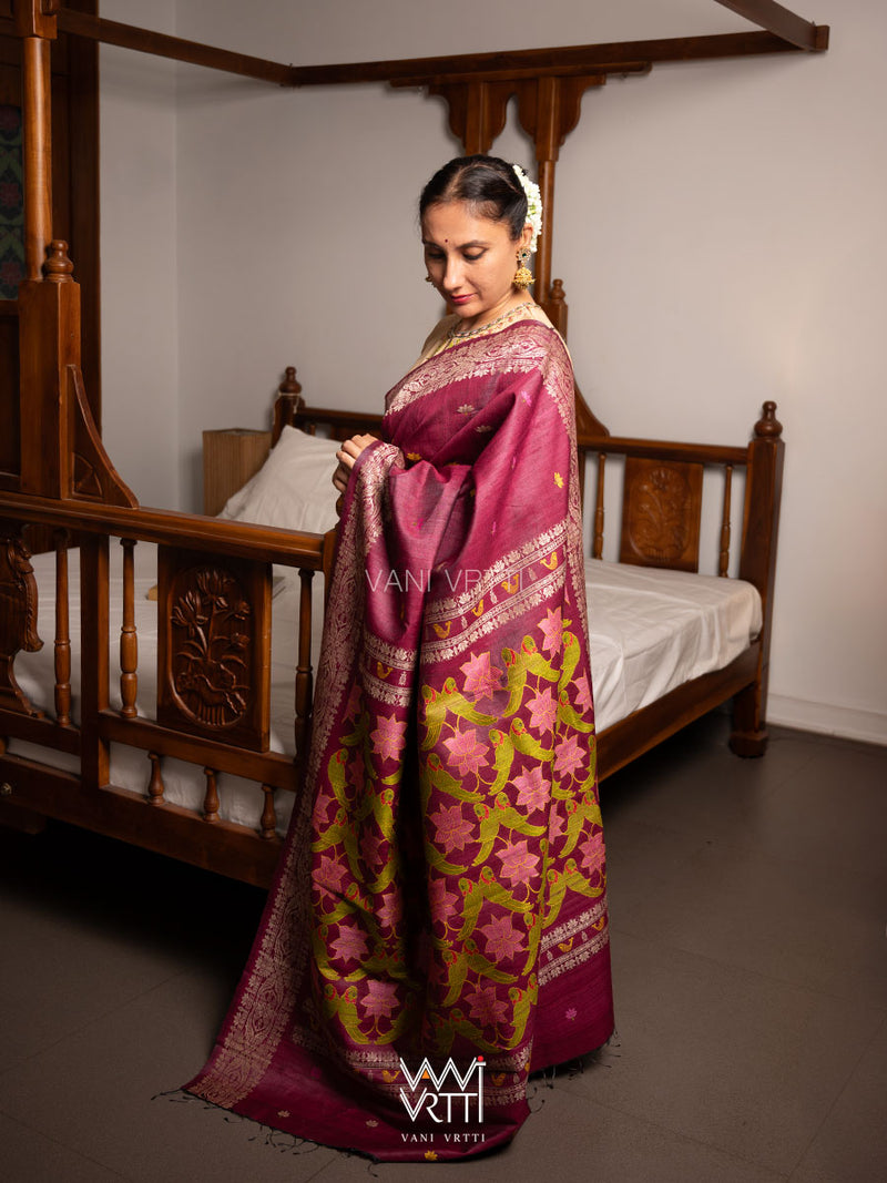 Deep Burgundy Pink Lotus Parrot Jaal Designer Exclusive Handspun Handwoven Tussar Silk Saree