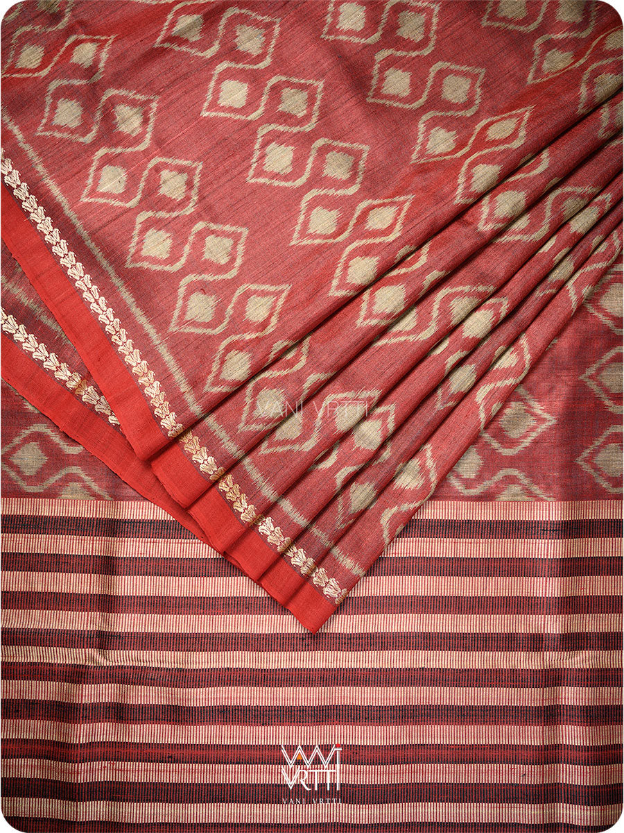 Deep Maroon Santati Ikat Handspun Tussar Silk Saree