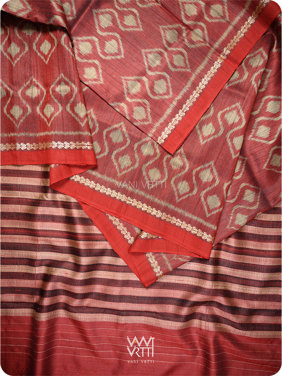 Deep Maroon Santati Ikat Handspun Tussar Silk Saree