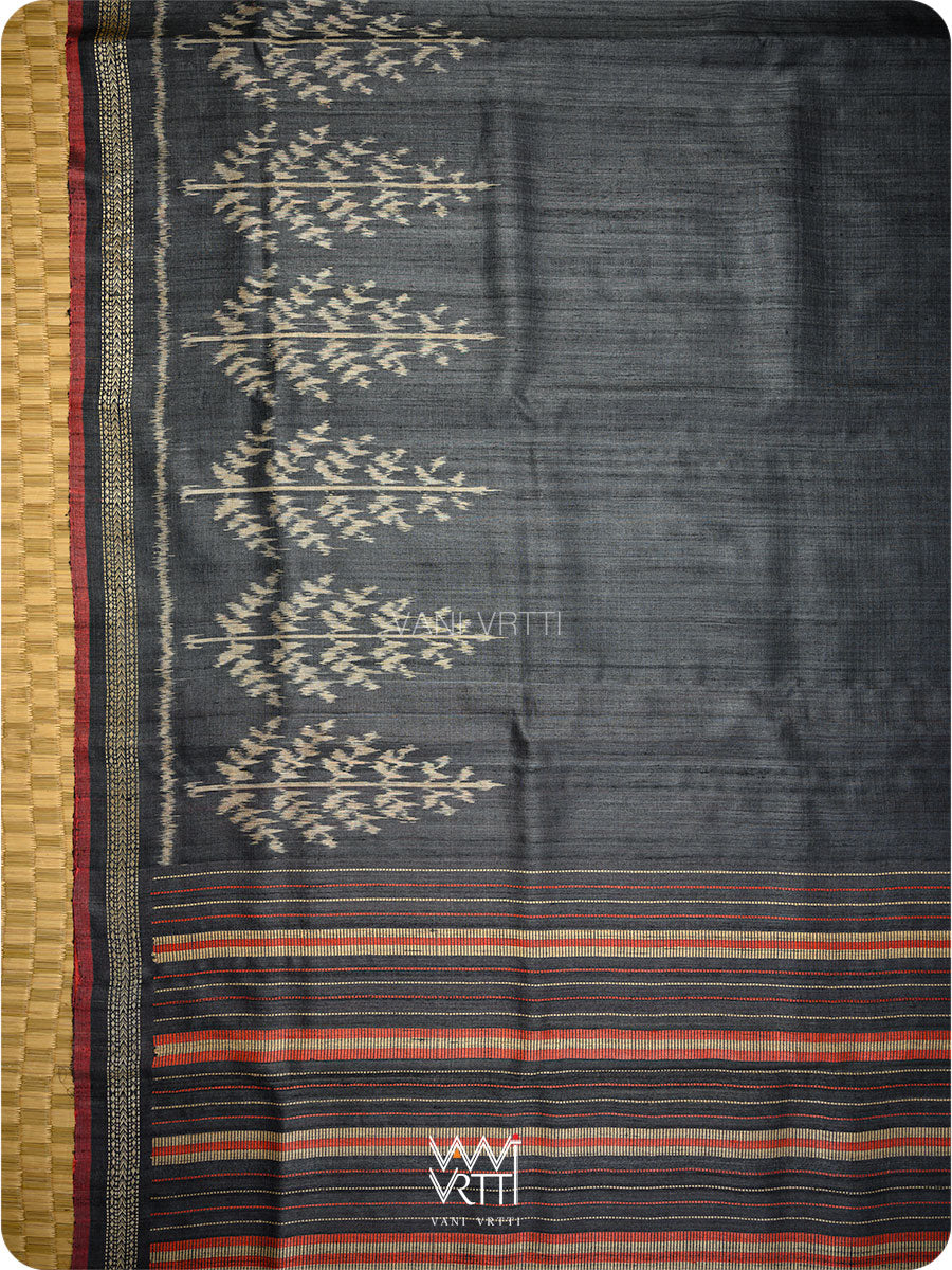 Slate Black Fern Butti Ikat Handspun Tussar Silk Saree
