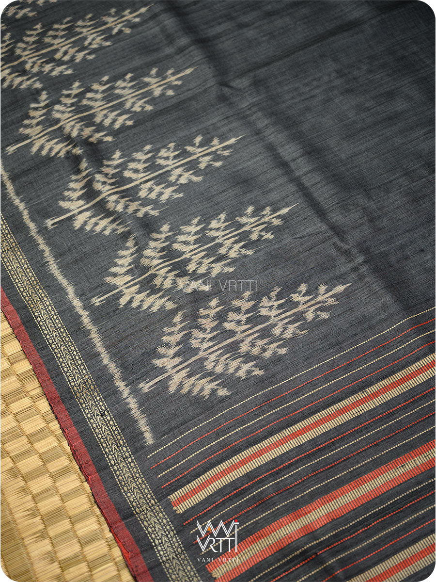 Slate Black Fern Butti Ikat Handspun Tussar Silk Saree