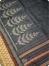 Slate Black Fern Butti Ikat Handspun Tussar Silk Saree