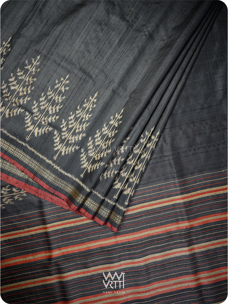 Slate Black Fern Butti Ikat Handspun Tussar Silk Saree