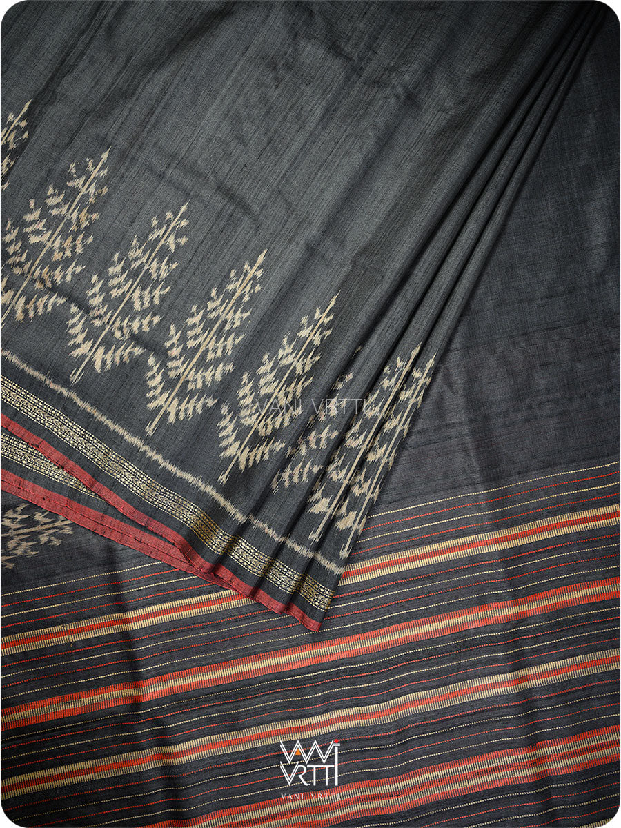Slate Black Fern Butti  Ikat Handspun Tussar Silk Saree
