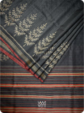 Slate Black Fern Butti Ikat Handspun Tussar Silk Saree