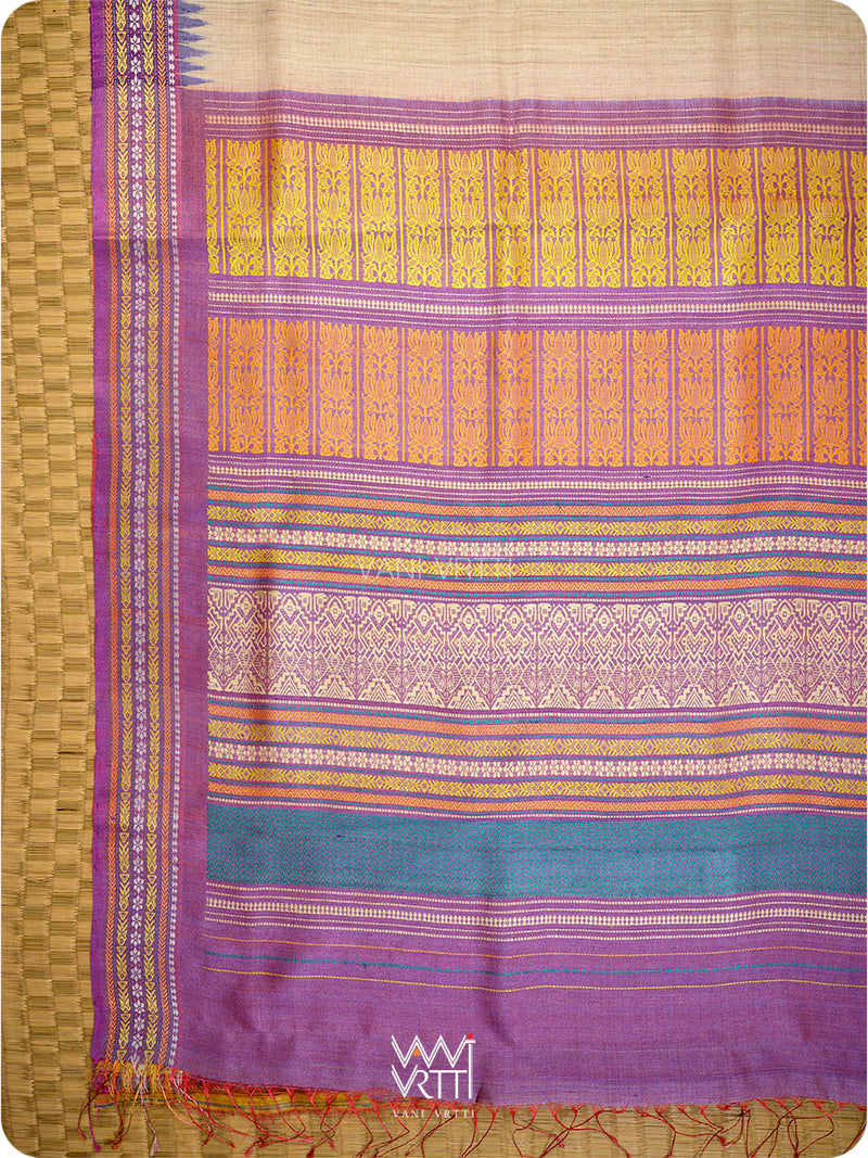 Off White Purple Red Ganga Jamuna Ananta Handspun Tussar Silk Saree