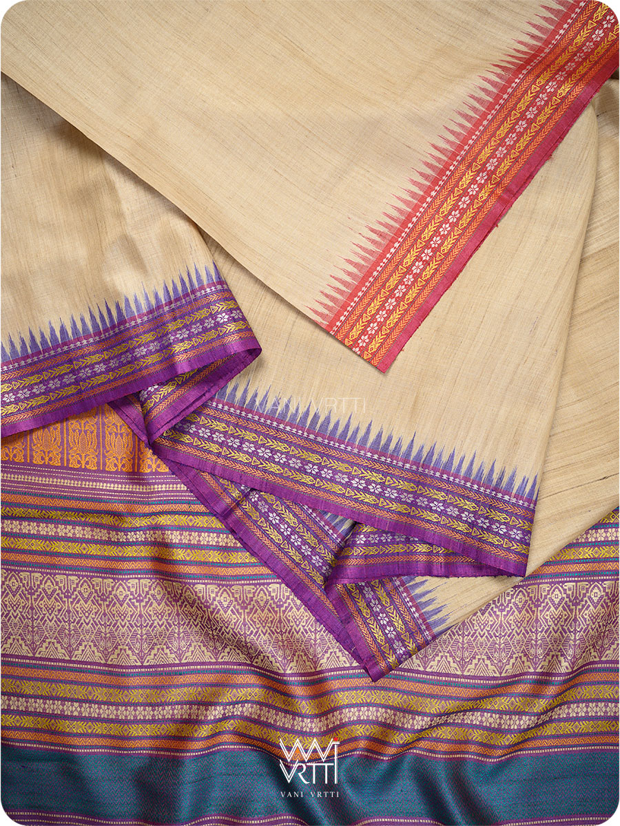 Off White Purple Red Ganga Jamuna Ananta Handspun Tussar Silk Saree